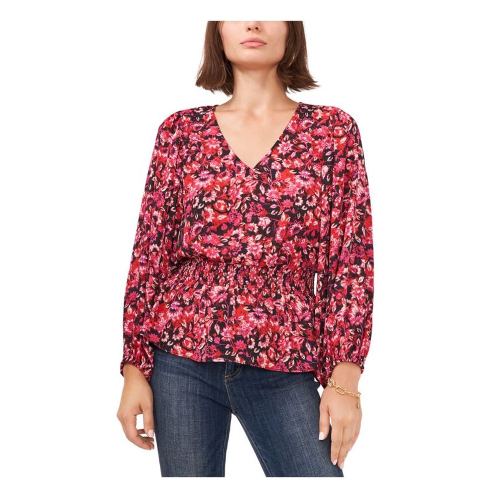 VINCE CAMUTO Womens Black Smocked Floral Blouson Sleeve V Neck Peplum Top XS